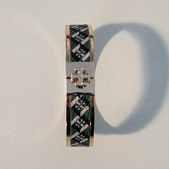 Tory Burch Logo Bracelet  Plaid Green and Gold Geometric Hinged Bangle - Picture 4 of 6